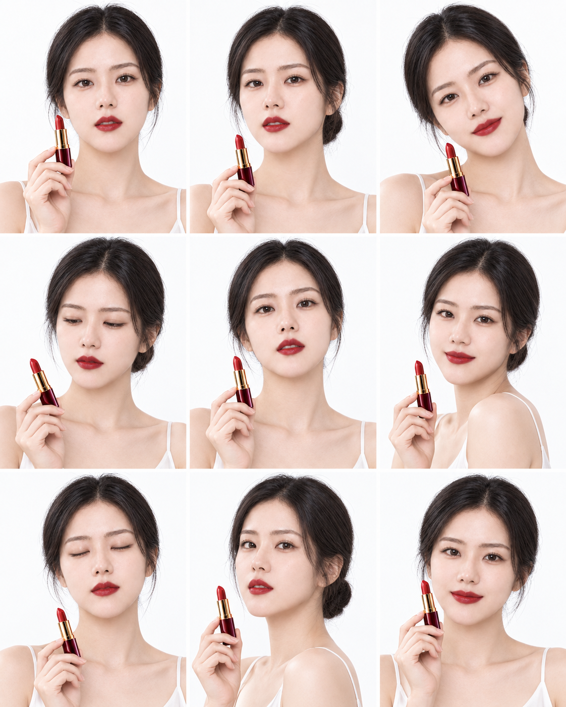 같은 립스틱, 다른 분위기. — 뷰티 화보 · 9포즈 시트 2종 · 각 1122×1402
